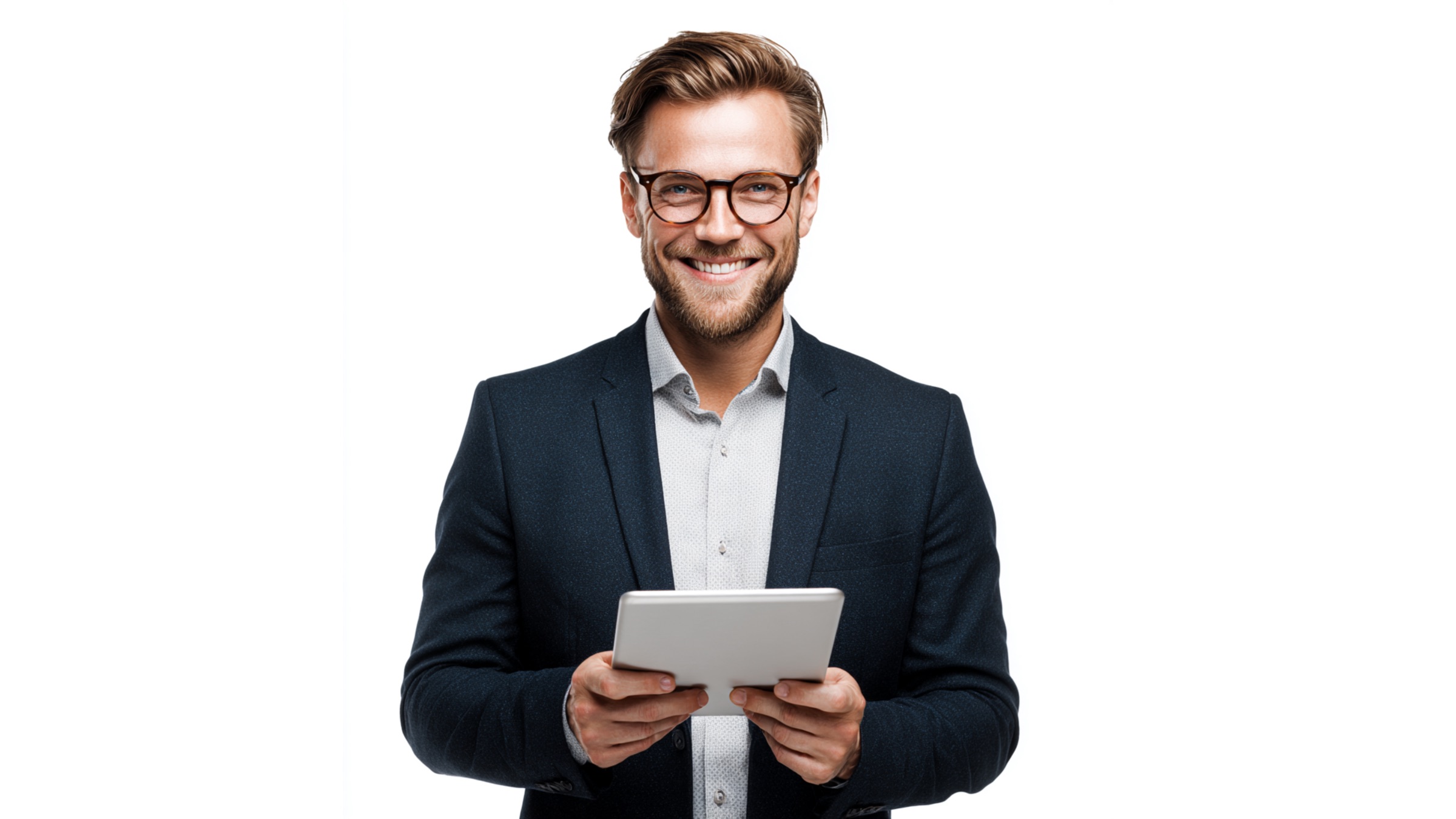 Berater mit Brille hält Tablet — Expertise & Vertrauen